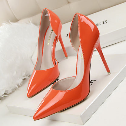 638-5 Korean style fashionable simple stiletto high heels patent leather shallow mouth pointed toe hollow sexy slim high heels shoes