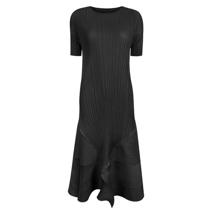 New Folding Dress 2023 New Waist Slim Stitching Round Neck Short Sleeve Mid-Length Irregular Pleated Skirt