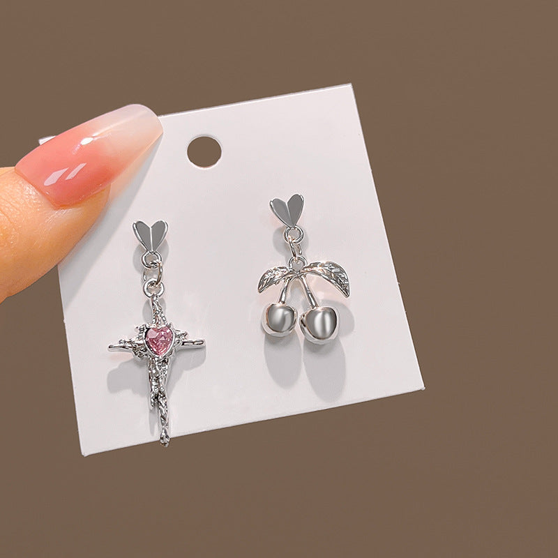 Silver Needle Zircon Heart Stud Earrings Cross Sweet Cool Wind Earrings Personality Irregular Bow Knot Earrings 