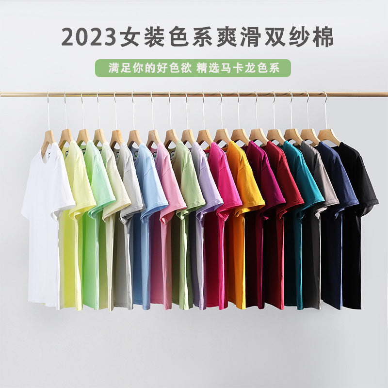 40s爽滑双纱棉圆领短袖T恤女春夏凉感100棉纯色女士大版宽松上衣