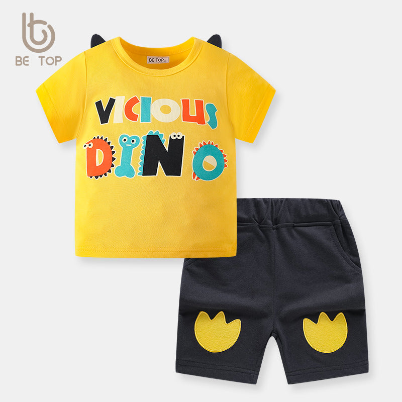 Boys dinosaur two-piece summer suit new children's casual round neck boy short-sleeved shorts small children Korean version children's clothing 