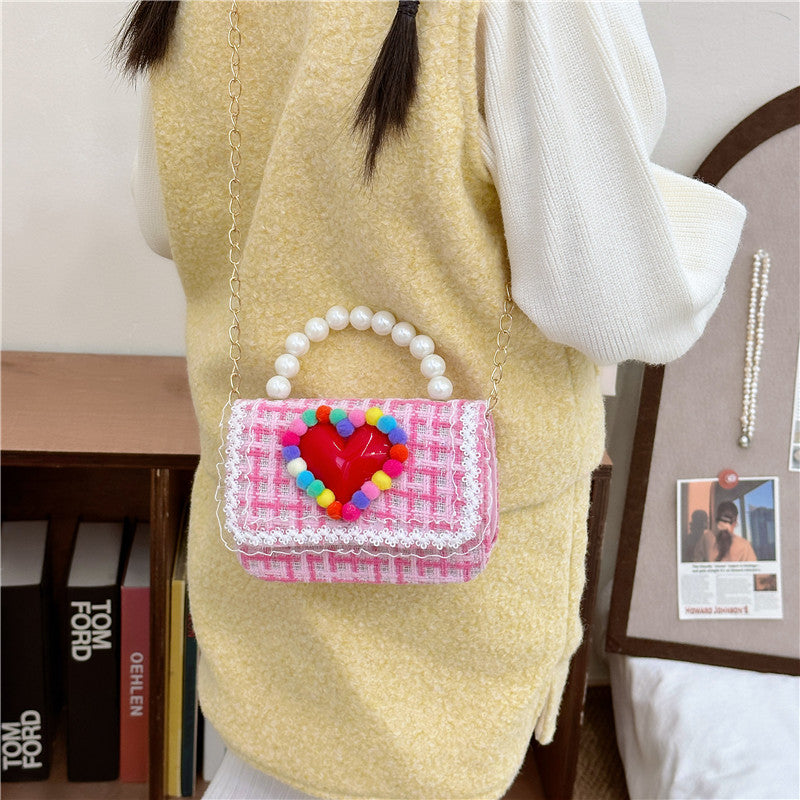 New Children's Small Square Bag Cartoon Cute Fragrant Style Shoulder Bag Fashion Love Jewelry Chain Crossbody Bag လက်ကား 