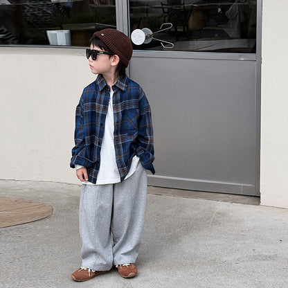 Children's long-sleeved shirt boy plaid shirt spring and autumn style 2024 new style little boy casual stylish autumn coat 