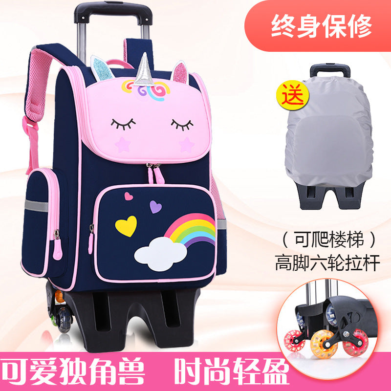 Primary school students trolley space school bag 1-3-6 years boys and girls unicorn detachable six-wheeled climbing bag with wheels 