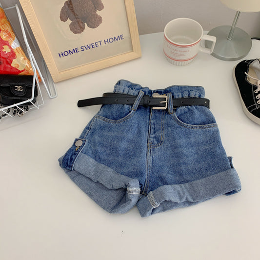 Korean children's clothing 2024 summer new small and medium-sized children's girls pants denim shorts casual pants solid color ins shorts 