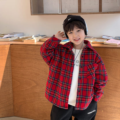 Amo Beibei children's thickened velvet cotton plaid bottoming shirt 2023 winter baby warm New Year jacket 