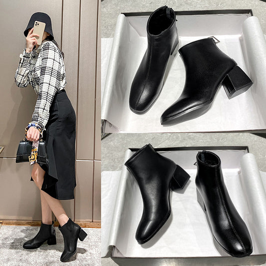 High-heeled short boots round toe women's boots women's 2022 autumn and winter all-match women's shoes British style Martin chunky heel nude boots women's shoes 