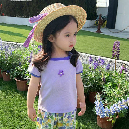 2023 children's ice silk square neck short-sleeved T-shirt summer new style girls' cute and fashionable versatile tops baby Korean version 