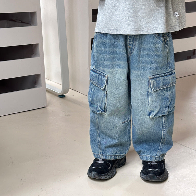 Children's pants boys' workwear jeans spring and autumn styles 2024 autumn and autumn loose and fashionable casual trousers for middle and large children 