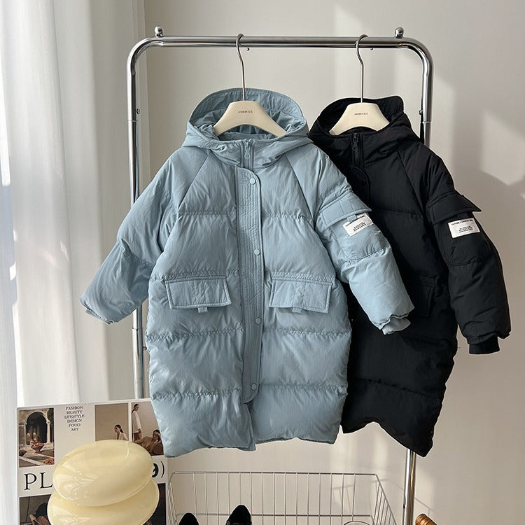 Amo Beibei new national standard children's 2023 winter 90 white duck down thick coat medium and long warm hooded down jacket 