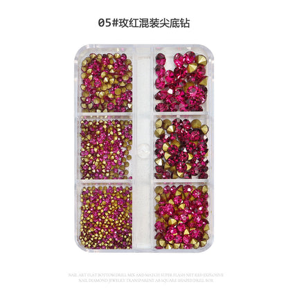 Internet celebrity new manicure pile diamond 6 grid boxed white pink pointed bottom diamond glass rhinestone nail jewelry wholesale 