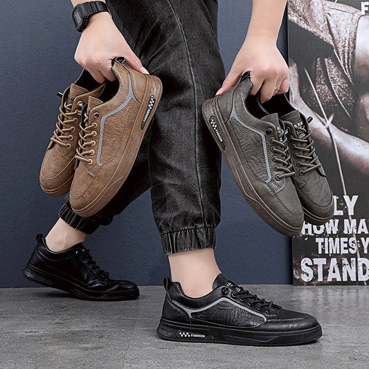 Men's sneakers autumn 2023 new casual sneakers pure black British leather shoes waterproof non-slip men's soft-soled work shoes