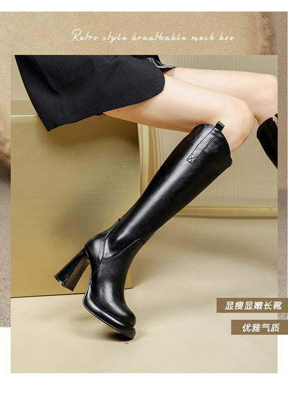 2023 new high boots women's elastic boots high leather boots autumn and winter plus velvet warm pointed fashion chunky heel over the knee boots 