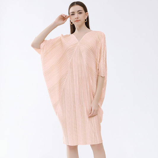 2023 summer new French pink age-reducing slimming design elegant temperament mid-length bat sleeve bronzing dress 