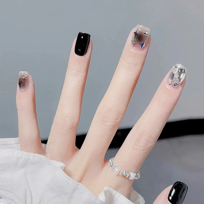 Handmade manicure wholesale short style ice transparent star diamond chain manicure patch nail patch finished white glitter nail patch 