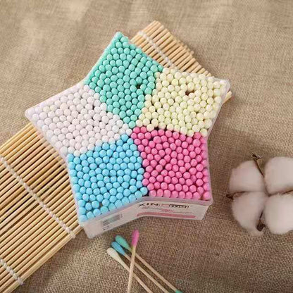 [Xinlemei] 500 five-pointed star boxed double-ended colored cotton swabs with pointed ends for makeup and cleaning household cotton swabs 