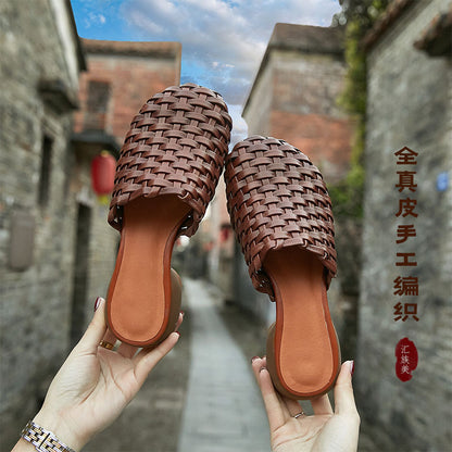 2023 spring and summer new retro casual woven high-heeled slippers spot wholesale cowhide Baotou genuine leather women's shoes 