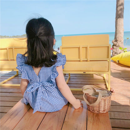 2024 Summer New Korean Plaid Backless Dress for Girls Baby Girl Flying Sleeve Dress Big Children Princess Dress 