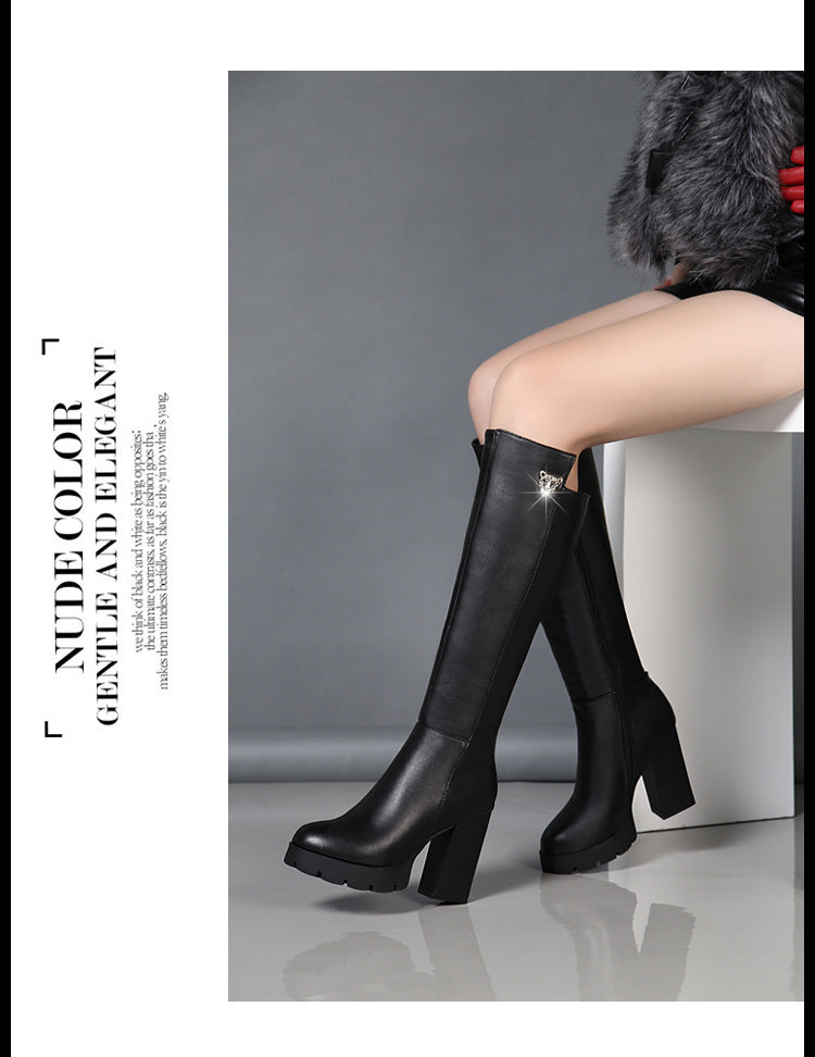 Long women's boots 2023 autumn and winter new tiger head buckle high-top women's shoes thick-soled women's boots thick-heeled high-heeled shoes on behalf of one piece 