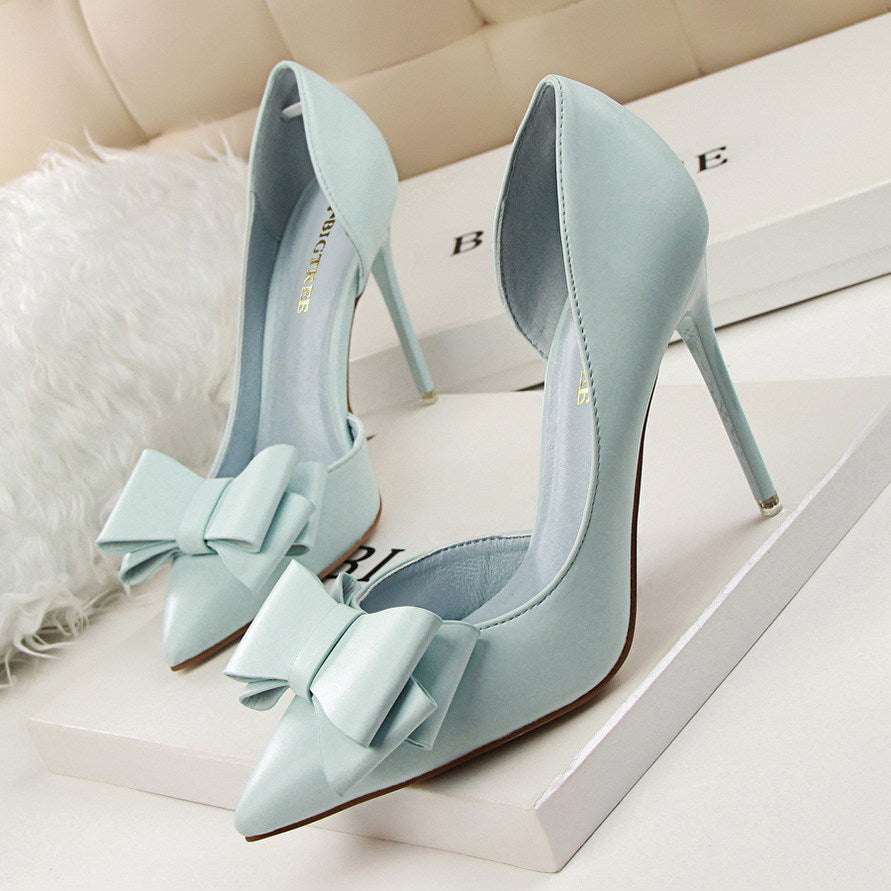 3168-2 Korean style fashionable, delicate and sweet bow high heels, stiletto heels, shallow mouth, pointed toe and side hollow shoes 