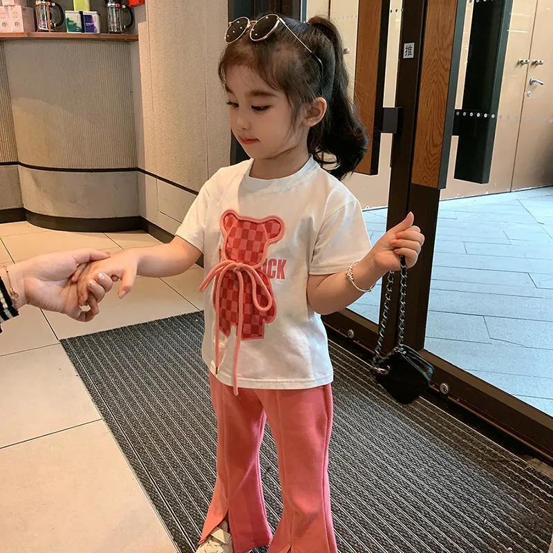 2023 Spring and Summer New Girls Short-Sleeved Tops Flared Pants Fashion Suit Two-piece Casual Bear Sports Suit 