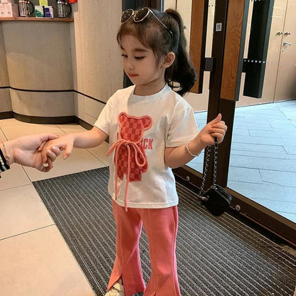 2023 Spring and Summer New Girls Short-Sleeved Tops Flared Pants Fashion Suit Two-piece Casual Bear Sports Suit 