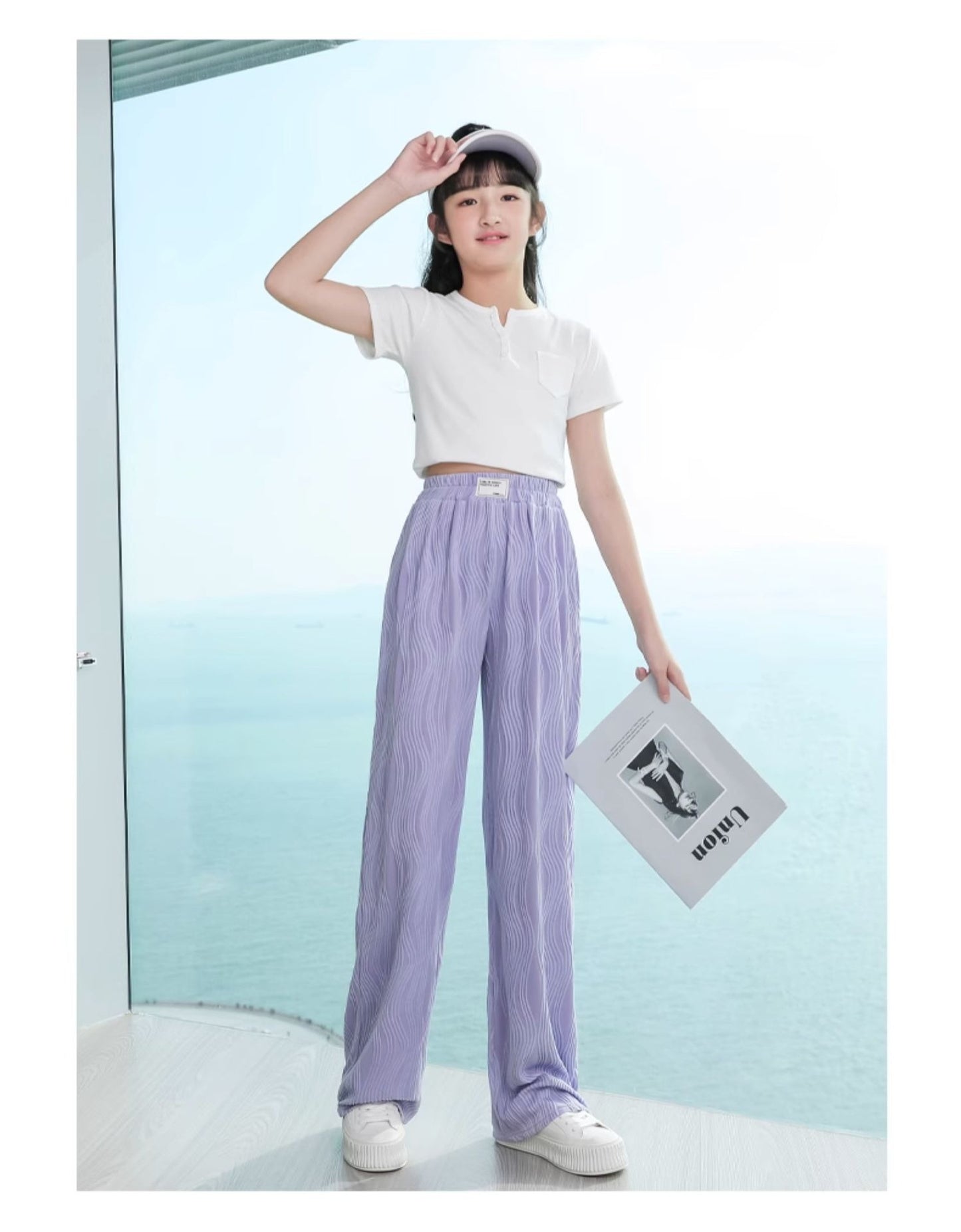 2023 summer middle-aged and older children's short-sleeved wide-leg pants suit new outer wear printed casual girls sports two-piece set 