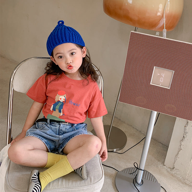 Korean children's clothing 2024 summer new Korean version boys and girls cartoon cartoon print T-shirt children's short-sleeved T-shirt trend 