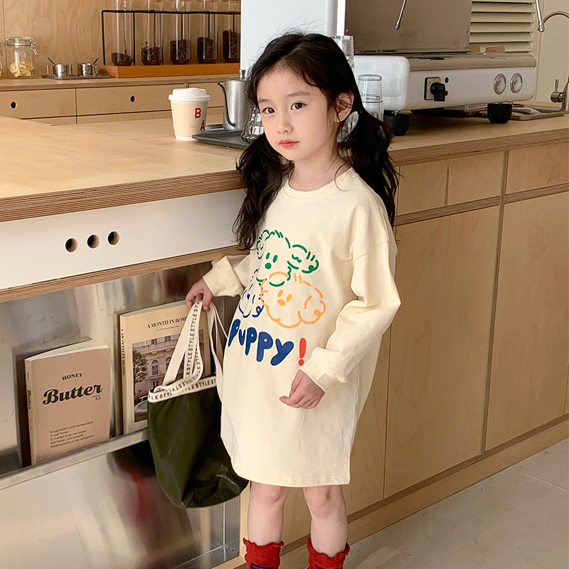 Korean children's clothing 2024 spring new girls cute puppy print T-shirt children's mid-length long-sleeved top 