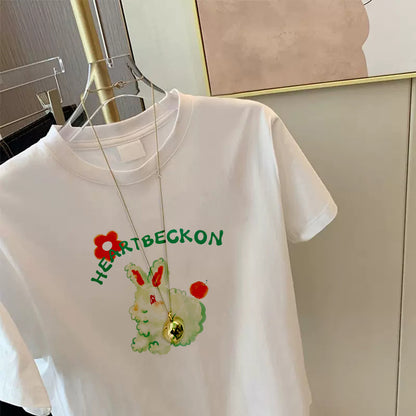 2023 Year of the Rabbit limited star with the same fun rabbit print white round neck short-sleeved loose T-shirt female early spring 