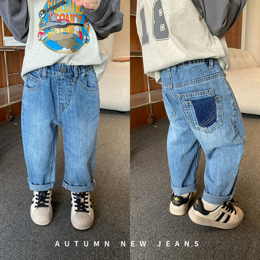 ကလေးဘောင်းဘီ 2023 Autumn Boys Korean Style Sand Washed Cotton Pocket Jeans Baby Style One Button Straight Leg Pants 