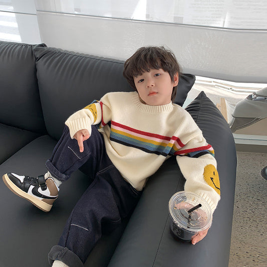 Amo Beibei children's winter thickened sweater for boys and girls 2023 new rainbow stripe smiley face sweater trend 