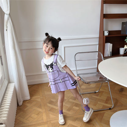 2023 Spring and Autumn New Style Children's Baby Girl Cartoon Print Fake Two-piece Dress Fashionable and Trendy 