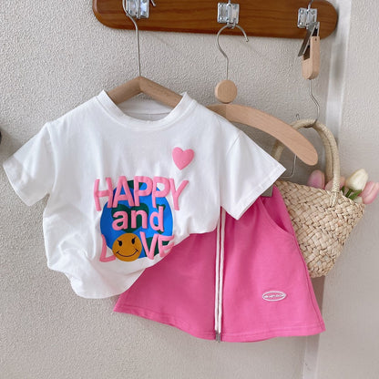 2023 children's summer versatile breathable two-piece baby girl casual letter printed T-shirt shorts sports suit 