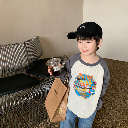 [Clearance Sale] Children's 2024 Spring Cartoon Raglan Top Baby Colorblock Round Neck Loose Long Sleeve T-shirt 