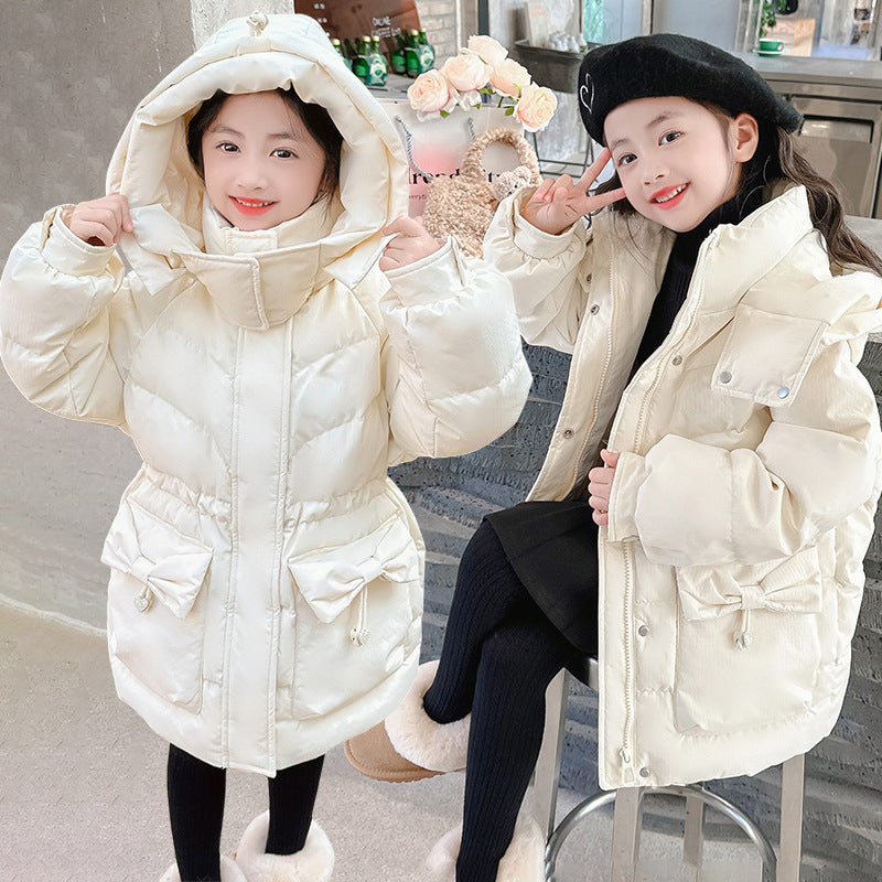 Girls new cotton coat with bow tie Korean style waist thick warm long cotton coat for middle and large children three-proof wash-free fabric 