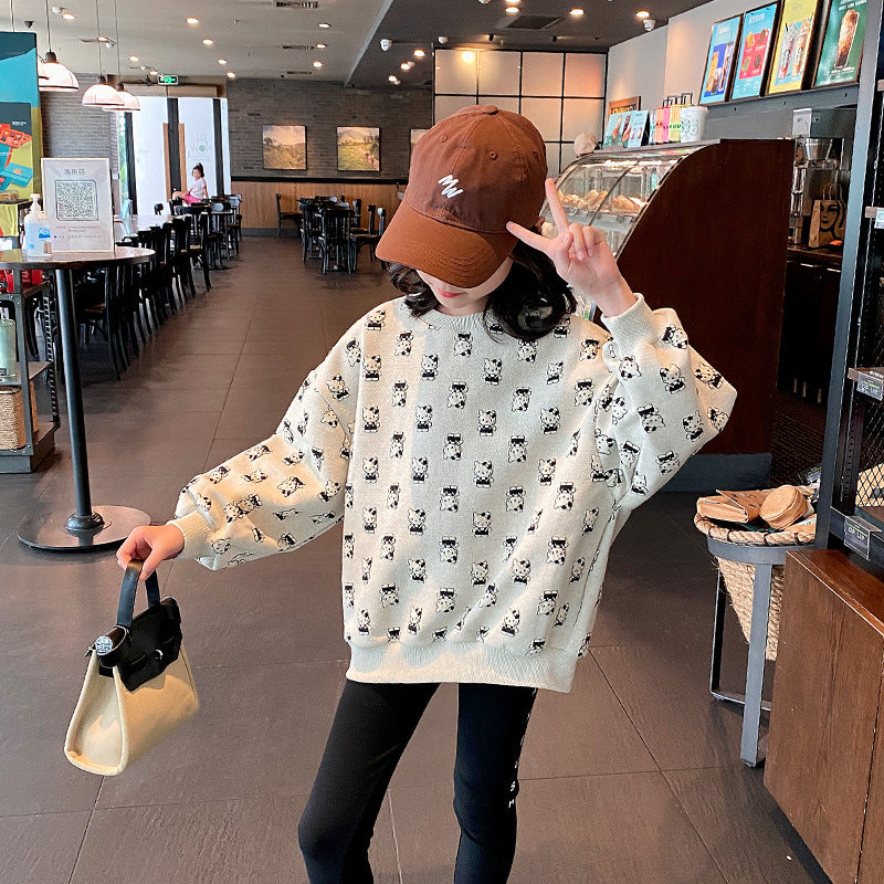 2023 Spring and Autumn New Girls' Versatile Round Neck Cute KT Cat Fashionable Medium and Large Children's Tops Loose and Fashionable Sweaters 