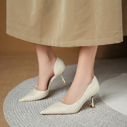 3351-19 new thin high-heeled shoes women's shoes houndstooth line slender heel shallow mouth pointed toe hollow single shoes 