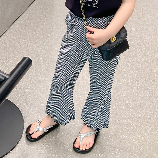 Korean children's clothing 2024 summer new girls houndstooth straight pants small and medium children's stylish anti-mosquito pants plaid trousers 