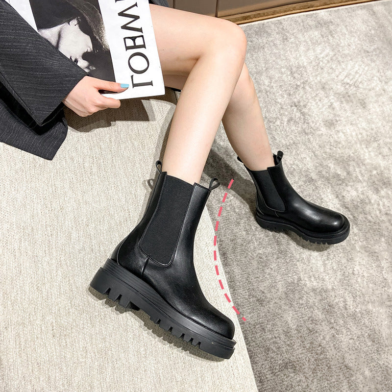 Leather Chelsea boots mid-tube boots women's boots genuine leather 2023 autumn and winter new thick-soled chimney boots British style boots for women