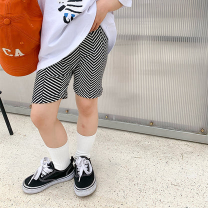 2024 Summer New Children's Fashion Five-point Cycling Pants Girls Korean Thin Striped Bottom Mid-length Pants Yoga Pants 