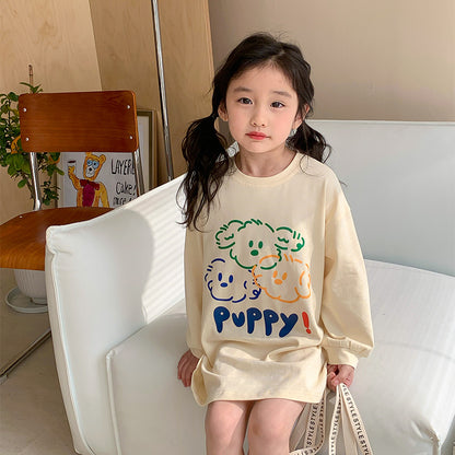 Korean children's clothing 2024 spring new girls cute puppy print T-shirt children's mid-length long-sleeved top 