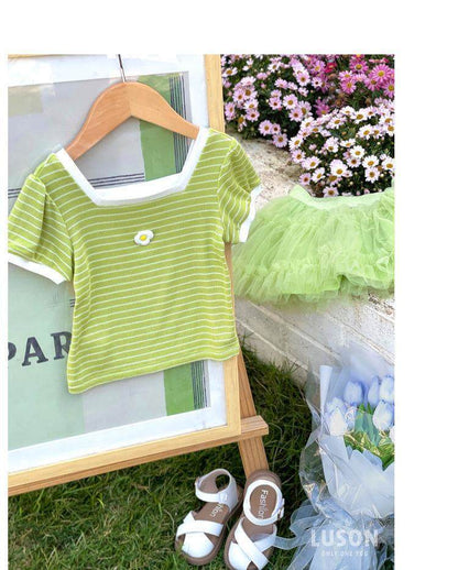 2023 children's ice silk square neck short-sleeved T-shirt summer new style girls' cute and fashionable versatile tops baby Korean version 