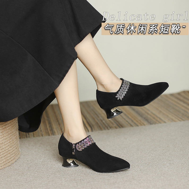 Pointed toe suede deep mouth single shoes 2022 new fashion new mid-heel shoes rhinestone autumn shoes a generation of Huizhou shoes 