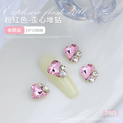 Internet celebrity popular nail art crystal pile diamond finished product super flash crooked heart rectangular handmade pearl nail decoration wholesale 