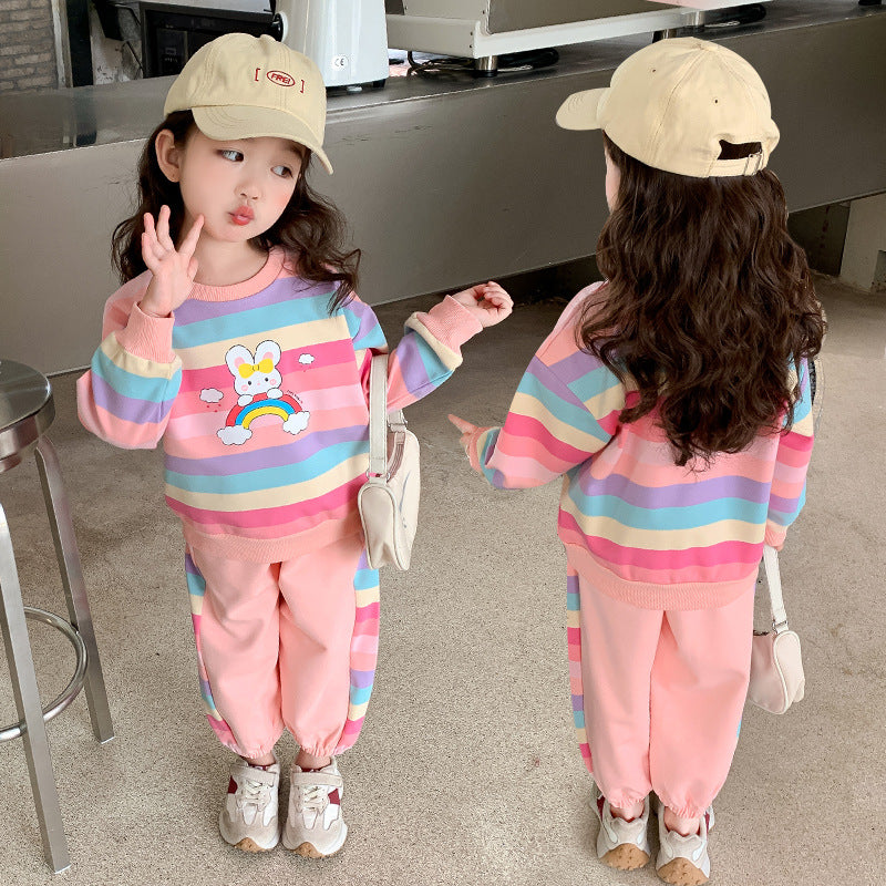 2023 Spring and Autumn New Korean Style Western Style Baby Girl Sweater Set Little Girl Sweet Fashion Casual Two-piece Set 