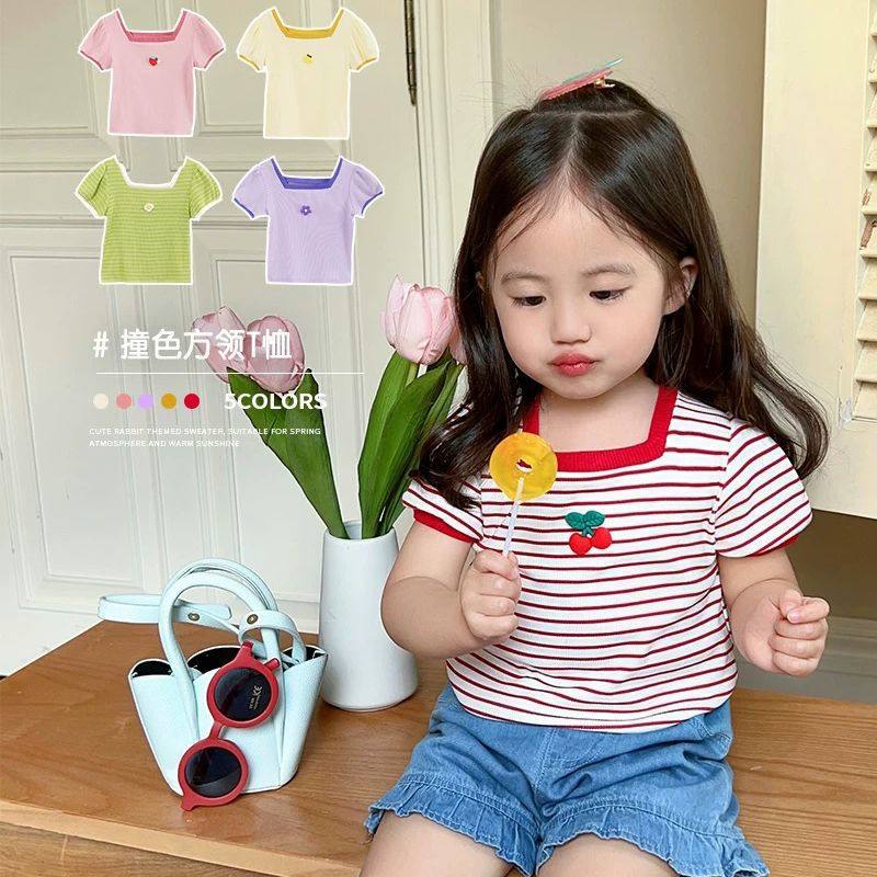 2023 children's ice silk square neck short-sleeved T-shirt summer new style girls' cute and fashionable versatile tops baby Korean version 