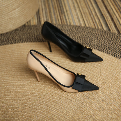 97035-2 Pointed toe splicing stiletto French shallow mouth high heels new bowknot color matching fashion commuting women's shoes 