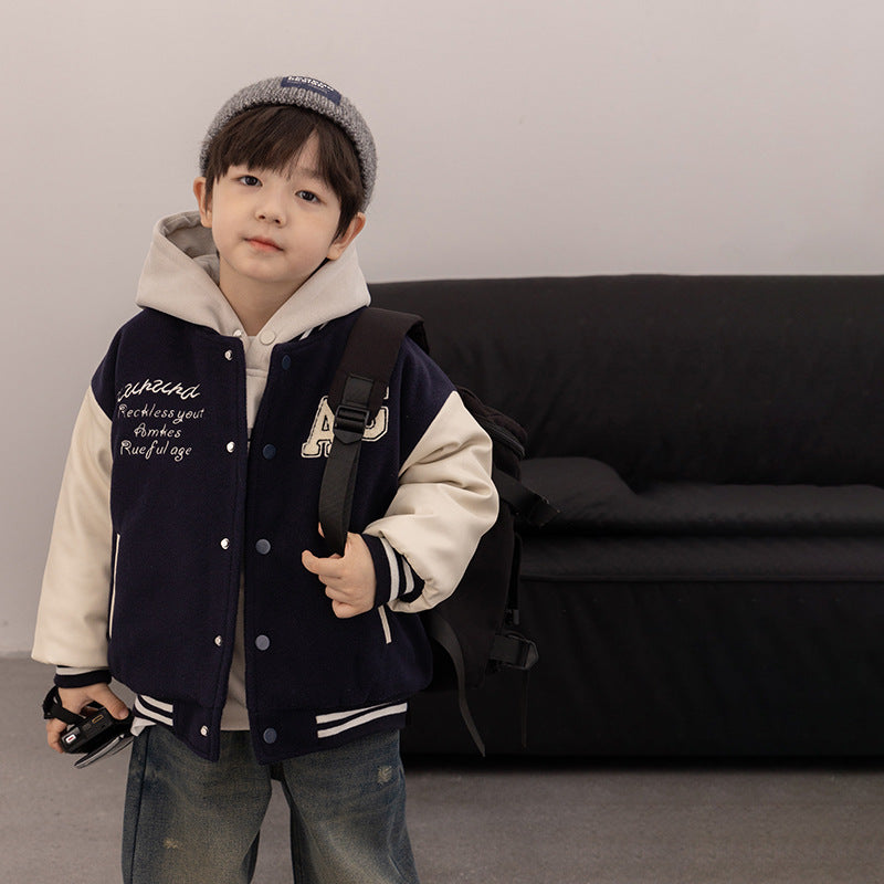 Amo Baby Children's 2023 Winter Thickened Padded Patch Letter Jacket Baby Splicing PU Sleeve Baseball Cotton Jacket 