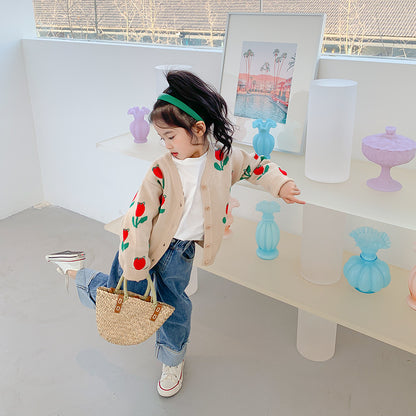 2022 Spring and Summer Korean New Children's Clothing Children's Sweater Cardigan Girls Jacquard Flower Knitted Sweater Children's Coat Trend 